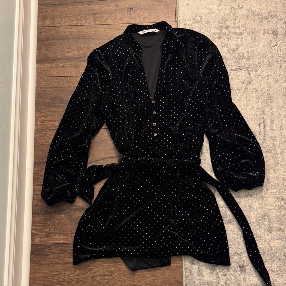 Zara Black Velvet Dress with Gold Accents